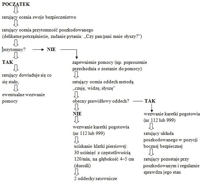 Schemat resuscytacji krążeniowo-oddechowej.